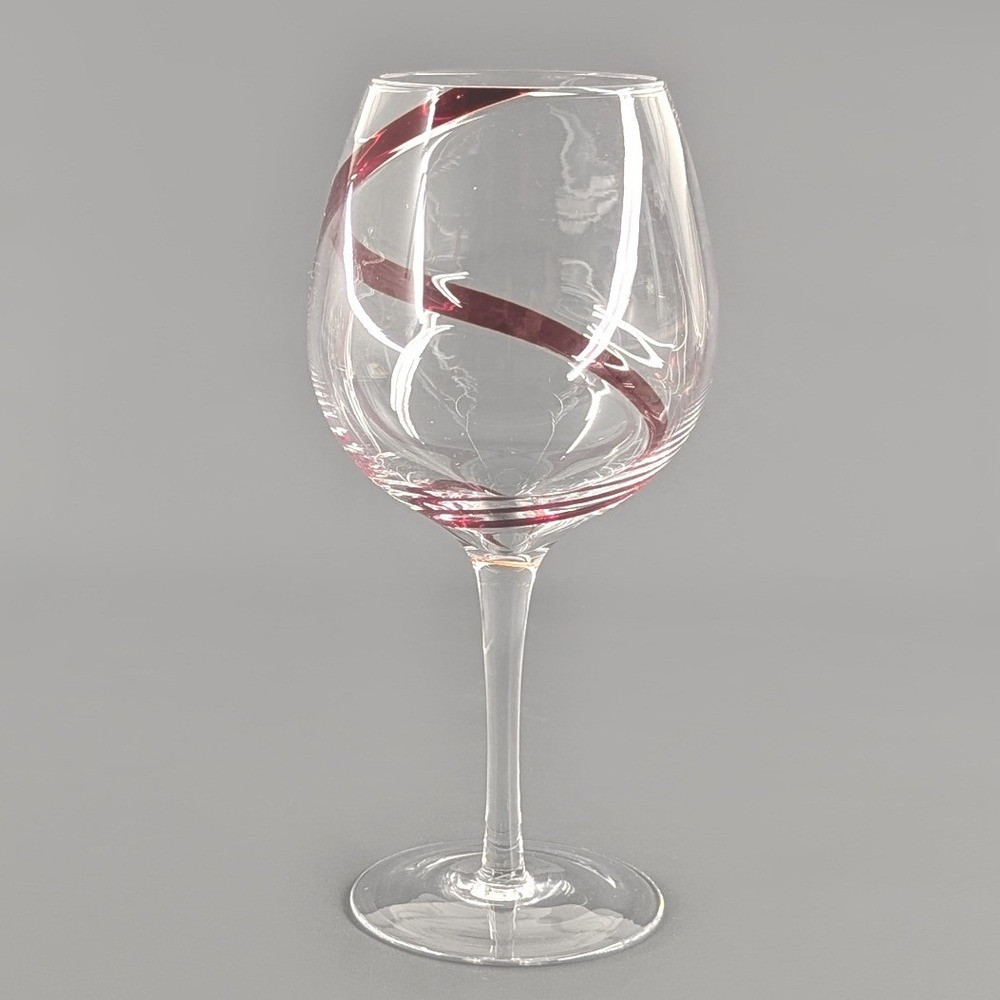 Pier 1 Red Ribbon Swirl Clear Glass Wine Goblet Hand Blown Balloon Stemware